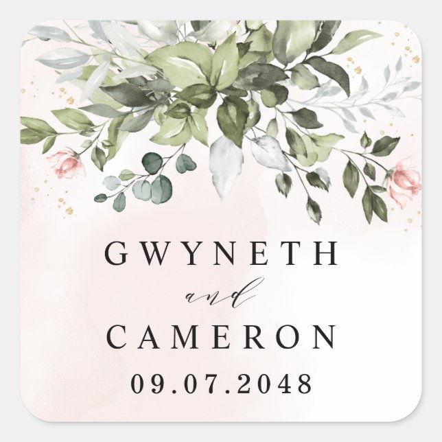 Sticker Carré Végétation dorée Succulente Dusty Blue Mariage (Devant)