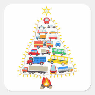 Sticker Carré Véhicules Cadeau Arbre de Noël, Véhicules Costu