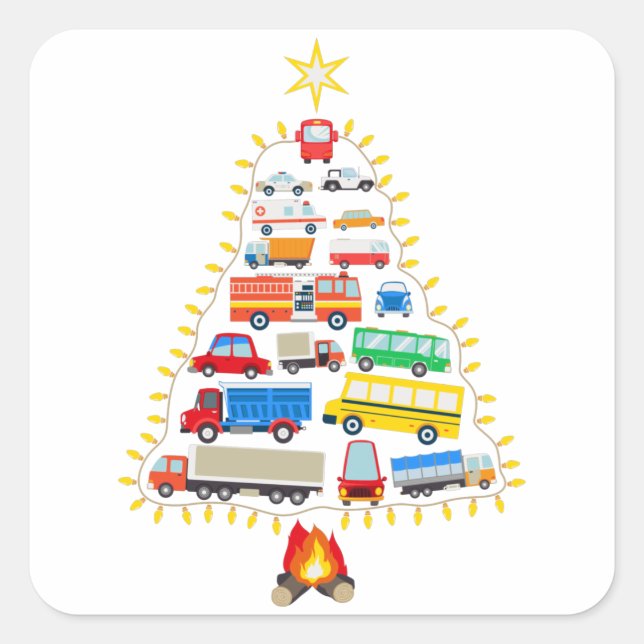 Sticker Carré Véhicules Cadeau Arbre de Noël, Véhicules Costumes (Devant)