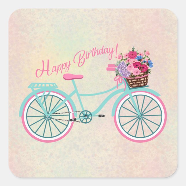 Sticker Carré Vélo à l'ancienne avec fleurs Joyeux anniversaire (Devant)