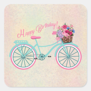 Sticker Carré Vélo à l'ancienne avec fleurs Joyeux anniversaire