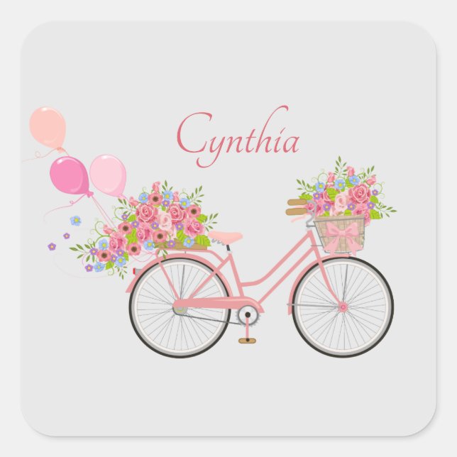 Sticker Carré Vélo floral rose Whimsical Personnalisé (Devant)