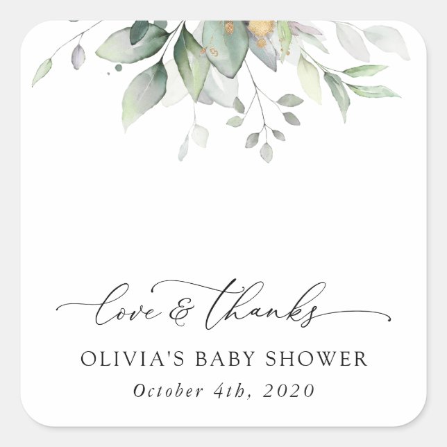 Sticker Carré Verdure, Eucalyptus Feuilles, Boho, Baby shower (Devant)