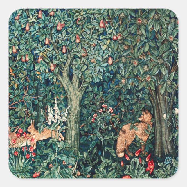 Sticker Carré VERDURE, Hares d'ANIMAUX FORESTIERS, Renard, Flora (Devant)