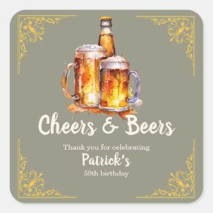 Sticker Carré Verre Bouteille Cheers and Beers 50e Anniversaire