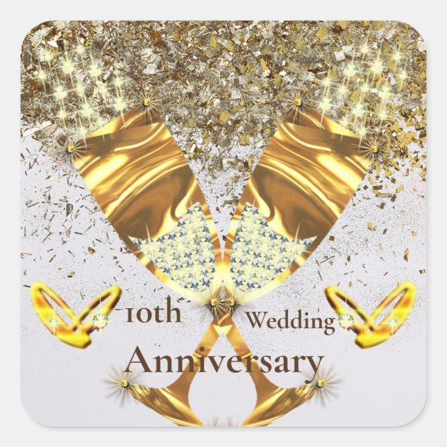Sticker Carré Verre de champagne d'or 10e anniversaire mariage (Devant)