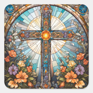 Sticker Carré Verre tendu Sainte Croix avec Fleurs