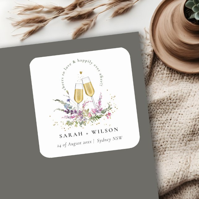 Sticker Carré Verres à vin dorés Cheers to Love Fleurs Mariage (Créateur téléchargé)