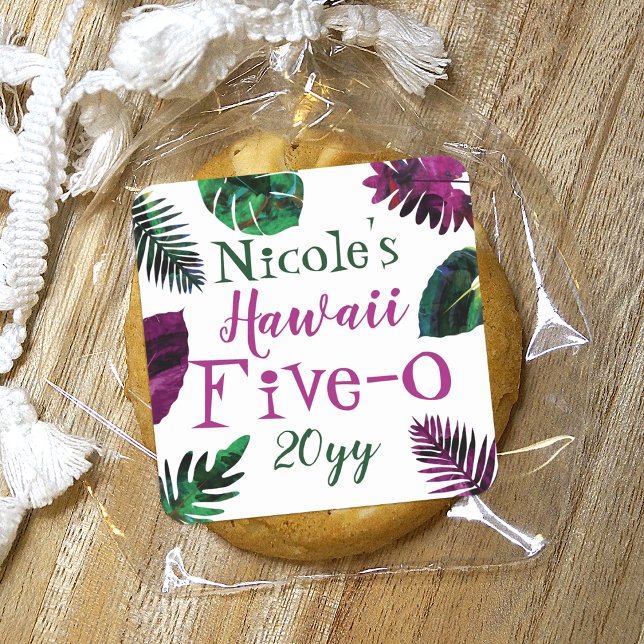 Sticker Carré Vert, Berry Feuilles rose Hawaii 5-0 50e anniversa (Green, berry pink tropical Hawaiian monstera leaves, 50th birthday, Hawaii 5-0 party favor sticker)