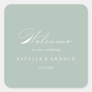 Sticker Carré Vert Blanc Moderne Calligraphie Mariage Bienvenue