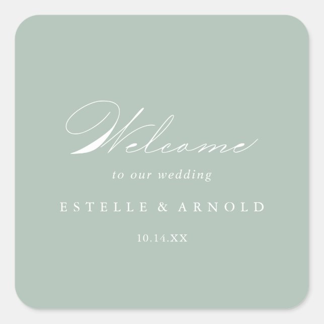 Sticker Carré Vert Blanc Moderne Calligraphie Mariage Bienvenue (Devant)