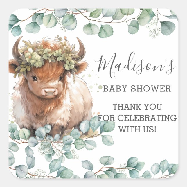 Sticker Carré Vert chic Cute Highland Vache Merci Favoriser (Devant)