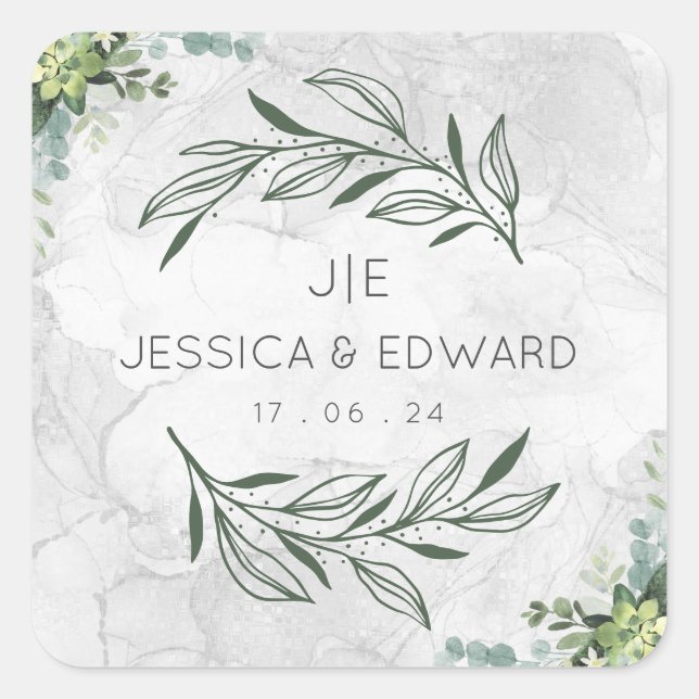 Sticker Carré Vert Elégant Mariage Aquarelle Couple Floral (Devant)