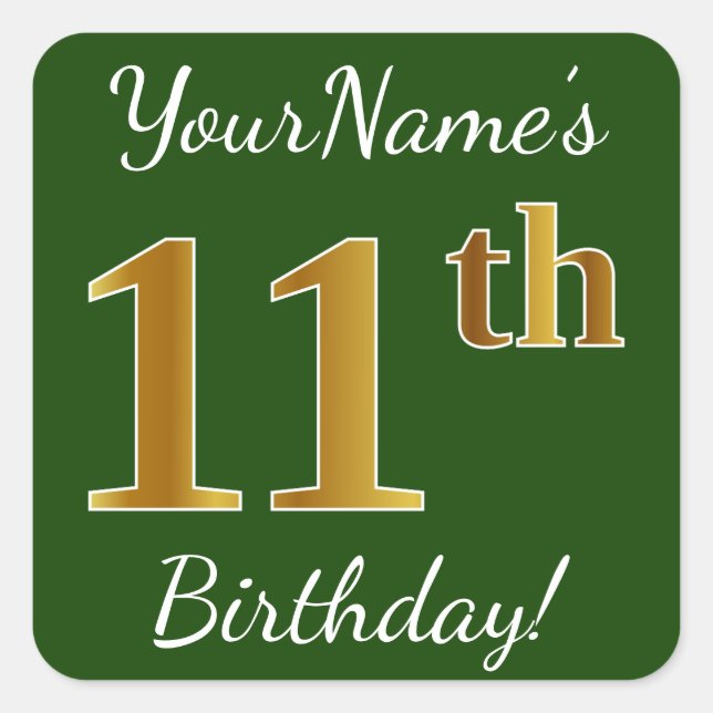 Sticker Carré Vert, Faux Gold 11e anniversaire + Nom personnalis (Devant)