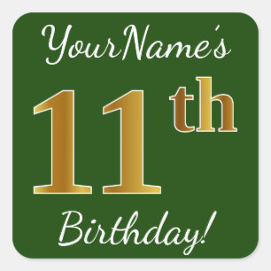 Sticker Carré Vert, Faux Gold 11e anniversaire + Nom personnalis