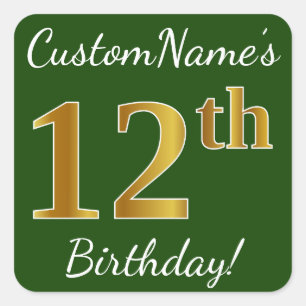 Sticker Carré Vert, Faux Gold 12e anniversaire + Nom personnalis