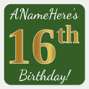 Sticker Carré Vert, Faux Gold 16e anniversaire + Nom personnalis