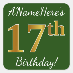 Sticker Carré Vert, Faux Gold 17e anniversaire + Nom personnalis