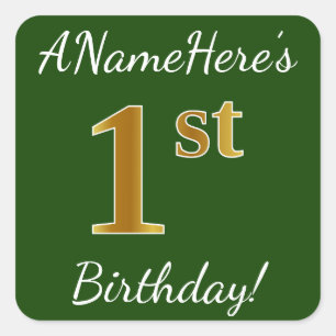 Sticker Carré Vert, Faux Gold 1er anniversaire + Nom personnalis