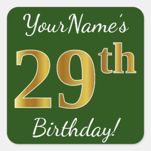 Sticker Carré Vert, Faux Gold 29e anniversaire + Nom personnalis