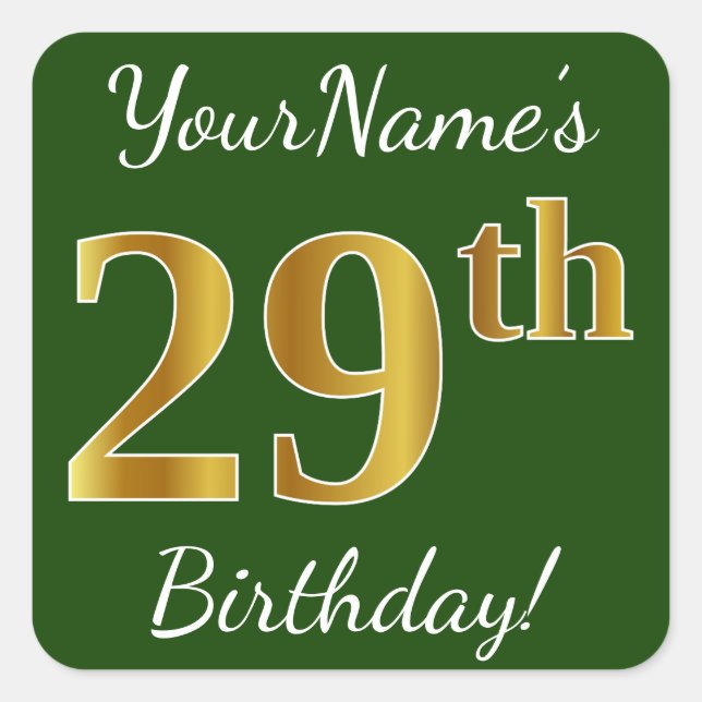 Sticker Carré Vert, Faux Gold 29e anniversaire + Nom personnalis (Devant)