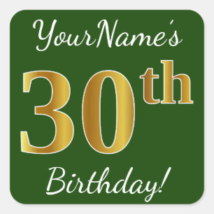 Sticker Carré Vert, Faux Gold 30e anniversaire + Nom personnalis