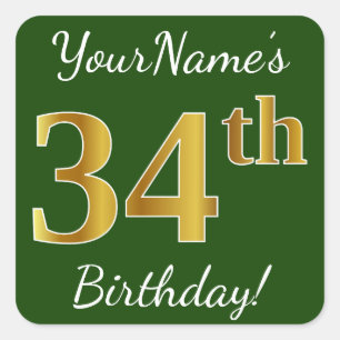 Sticker Carré Vert, Faux Gold 34e anniversaire + Nom personnalis