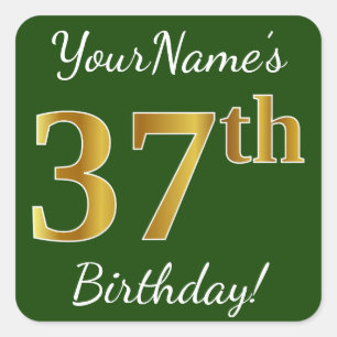 Sticker Carré Vert, Faux Gold 37e anniversaire + Nom personnalis
