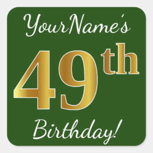 Sticker Carré Vert, Faux Gold 49e anniversaire + Nom personnalis