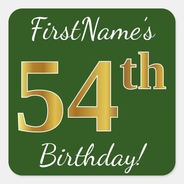 Sticker Carré Vert, Faux Gold 54e anniversaire + Nom personnalis (Devant)