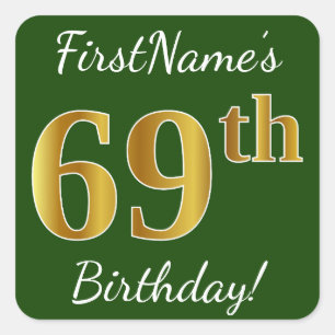 Sticker Carré Vert, Faux Gold 69e anniversaire + Nom personnalis