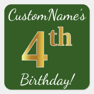 Sticker Carré Vert, Faux Or 4ème anniversaire + Nom personnalisé