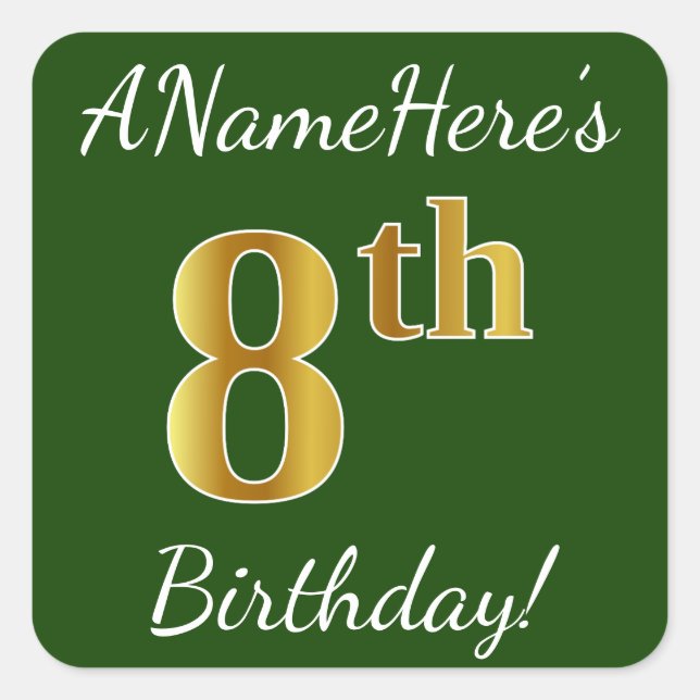 Sticker Carré Vert, Faux Or 8ème anniversaire + Nom personnalisé (Devant)