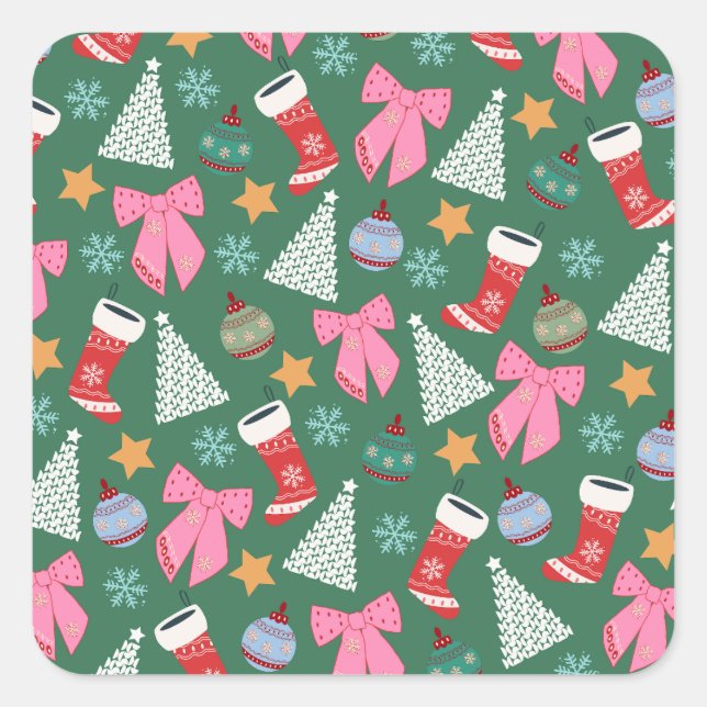 Sticker Carré Vert Noël mignon (Devant)