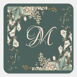 Sticker Carré Verte Floral Script Monogramme Mariage élégant