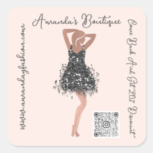Sticker Carré Vêtements de boutique en code QR rose noir paillet