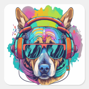 Sticker Carré Vibes canines super : Chien Cool avec casque