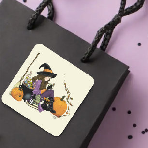 Sticker Carré Vibes de sorcière cosy Halloween Citrouille violet