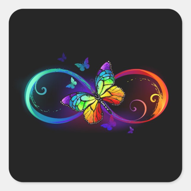 Sticker Carré Vibrant infinity with rainbow butterfly on black (Devant)