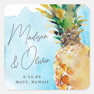 Sticker Carré Vibrant Mariage d'aquarelle à ananas tropicale