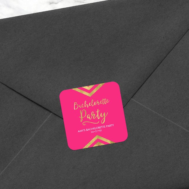 Sticker Carré Vibrant Pink Faux Gold Chevron Bachelorette Party (Créateur téléchargé)