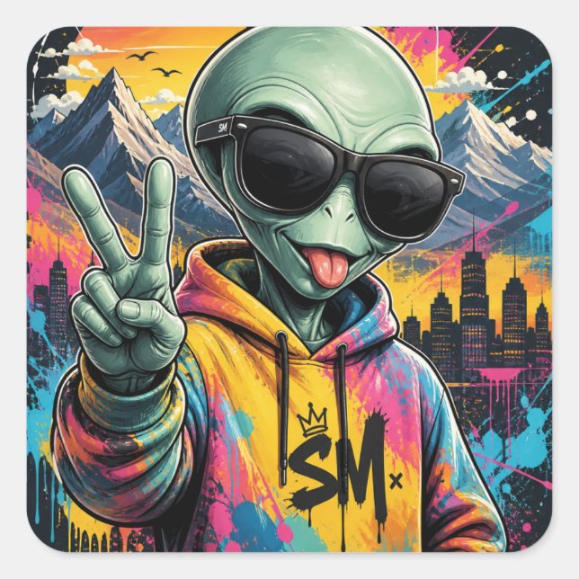 Sticker Carré Vibrations d'Alien Drôles (Devant)