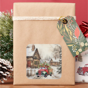 Sticker Carré Vielle ville Vintage Camion Rouge Vert Arbres de N
