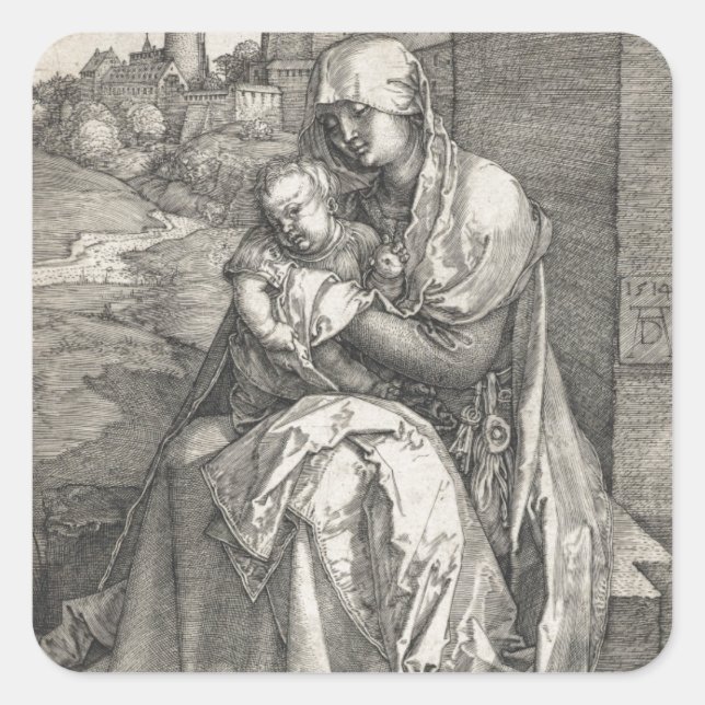Sticker Carré Vierge assise par un mur par Albrecht Durer (Devant)