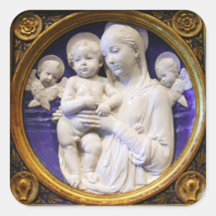 Sticker Carré VIERGE AVEC ENFANT ET ANGES Bleu Blanc Noël