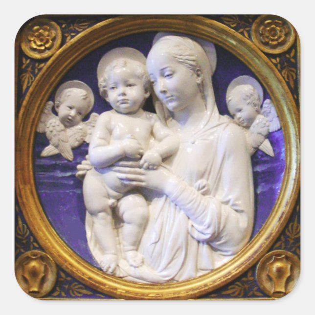 Sticker Carré VIERGE AVEC ENFANT ET ANGES Bleu Blanc Noël (Devant)