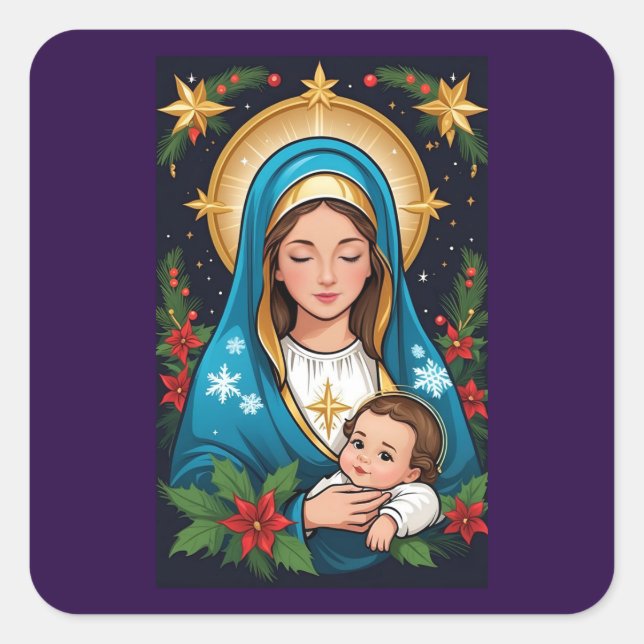 Sticker Carré Vierge catholique chrétienne Marie Noël (Devant)