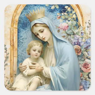 Sticker Carré Vierge catholique Marie Bébé Jésus Floral
