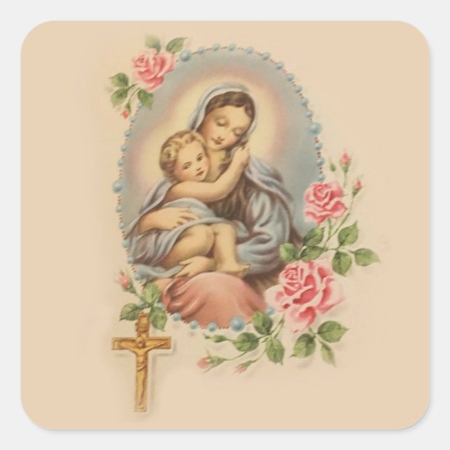 Sticker Carré Vierge Marie et bébé Jésus Rosaire & Rose (Devant)