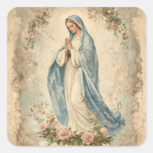 Sticker Carré Vierge Marie Florale Religieux Vintage catholique